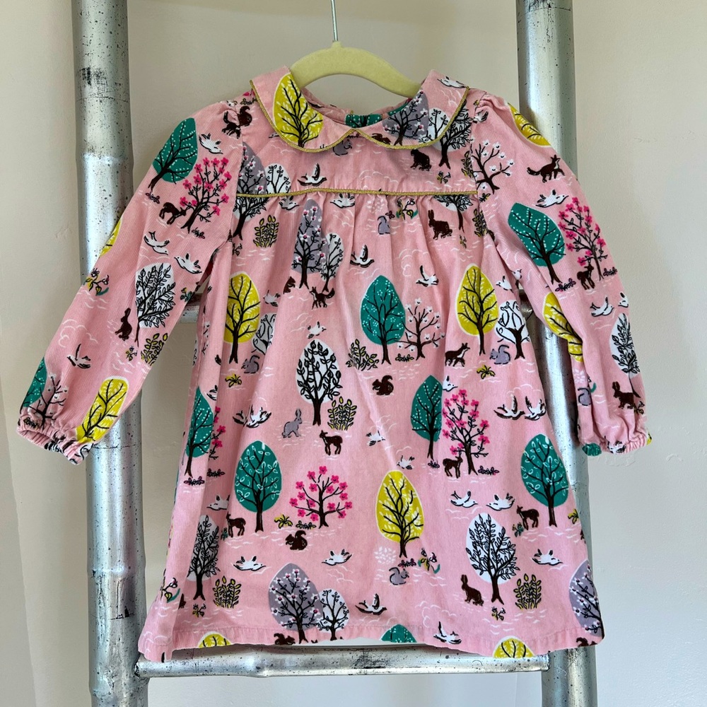 Baby Boden Woodland Animals Collar Corduroy Dress with Gold Trim - Size 18-24M